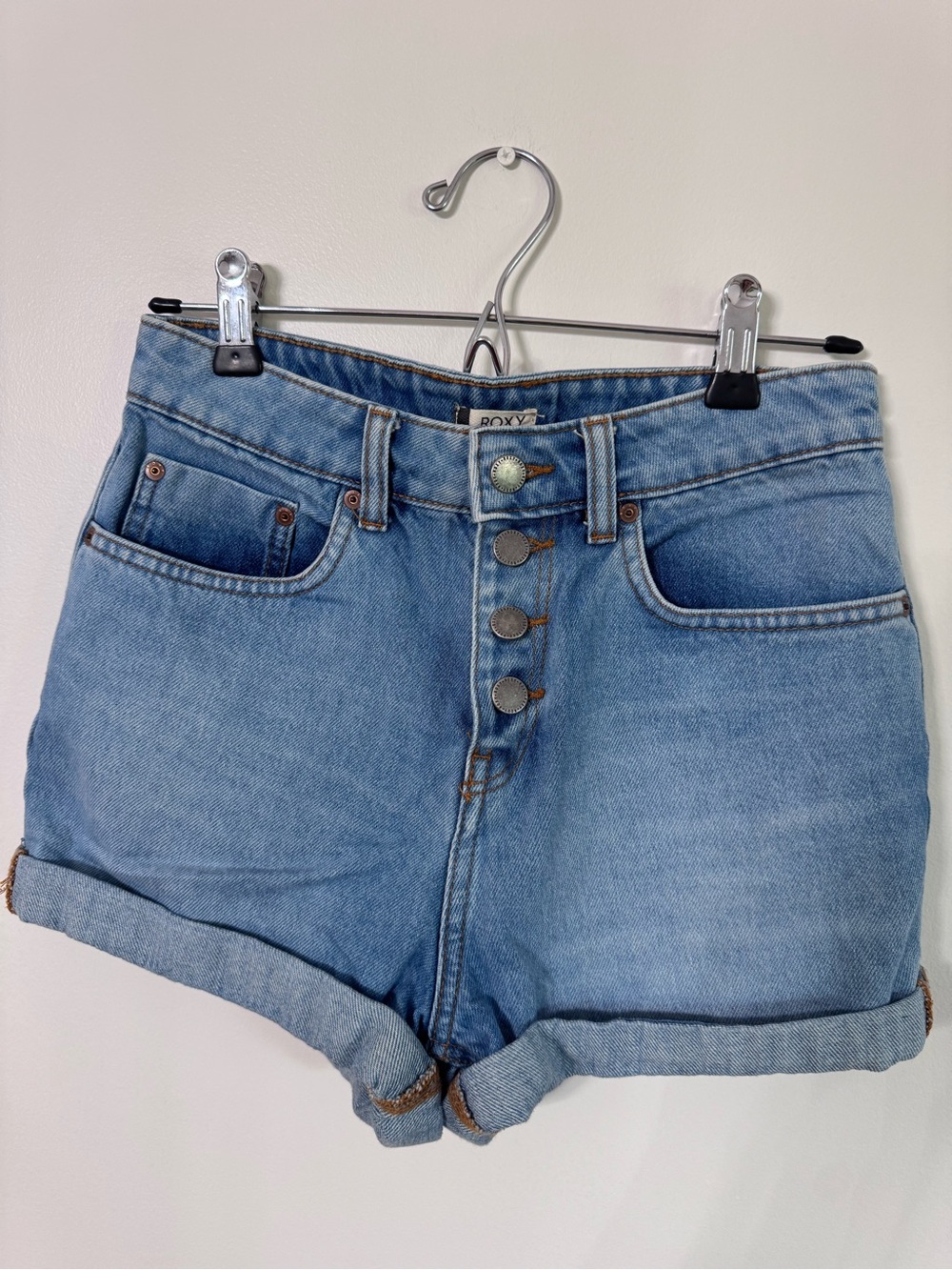 Roxy Medium Blue High-Rise Rolled Hem Denim Shorts